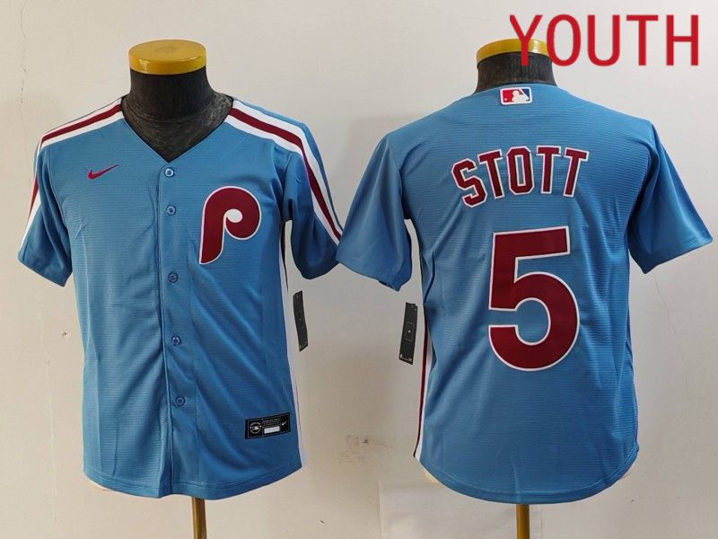 Youth Philadelphia Phillies #5 Stott Blue Throwback 2024 Nike MLB Jersey style 3